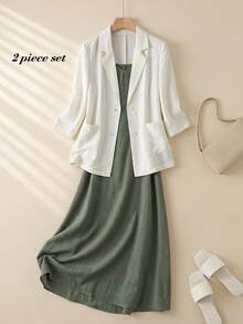 SHEIN Tall CURVE Plus Size Women Solid Color Lapel Neck 3/4 Sleeve Jacket And Cami Dress Casual 2 Pieces Set Fall - Multicolor - View 6