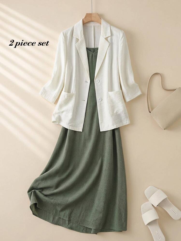 SHEIN Tall CURVE 大尺碼女款純色斑駁領 3/4 袖夾克與細肩帶洋裝休閒優雅兩件套 正式辦公穿搭 白色橄欖綠 秋季 - 彩色 - 查看 6