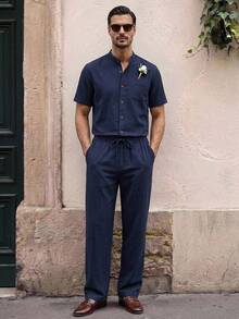 HIMLAND Men's Solid Color Single Breasted Short Sleeve Shirt And Long Pants Casual Daily Outfit - Blue - View 1