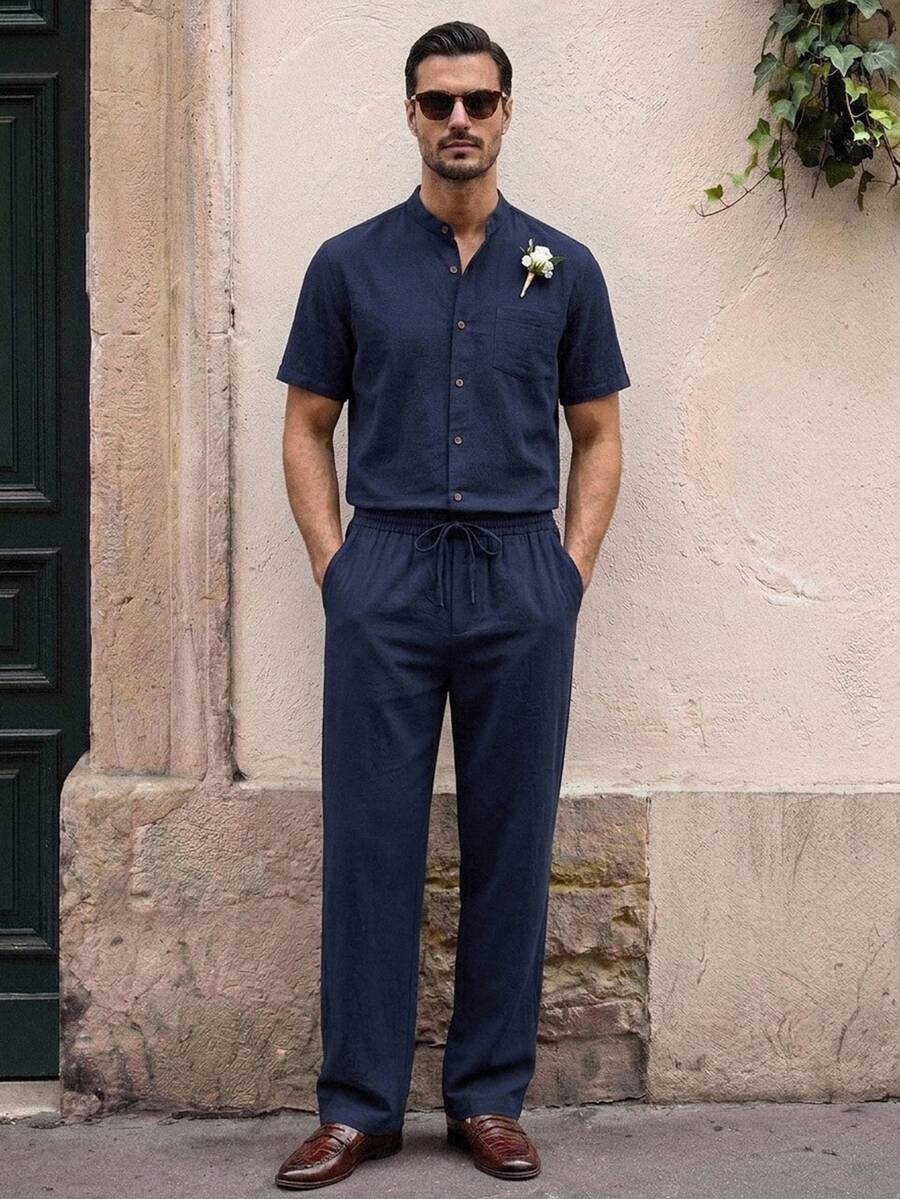 HIMLAND Men's Solid Color Single Breasted Short Sleeve Shirt And Long Pants Casual Daily Outfit - Blue - View 1