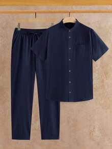 HIMLAND Men's Solid Color Single Breasted Short Sleeve Shirt And Long Pants Casual Daily Outfit - Blue - View 2