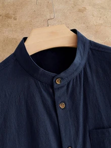 HIMLAND Men's Solid Color Single Breasted Short Sleeve Shirt And Long Pants Casual Daily Outfit - Blue - View 4