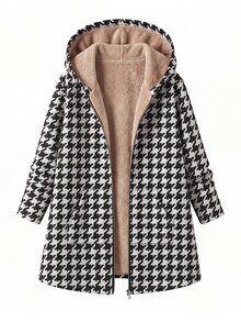 SHEIN Clasi Plus Size Women's Houndstooth Zipper Front Casual Thermal Lined Long Hooded Jacket - Black and White - View 1