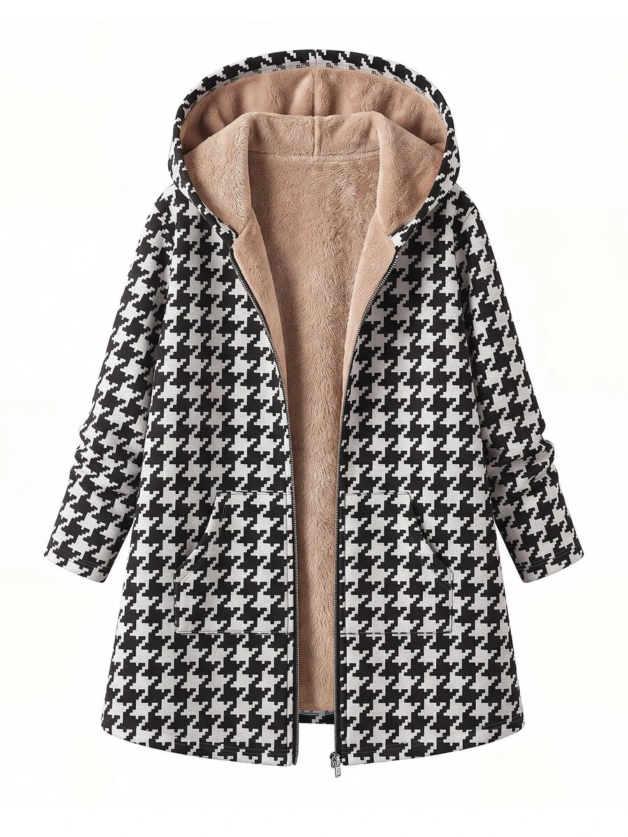 SHEIN Clasi Plus Size Women's Houndstooth Zipper Front Casual Thermal Lined Long Hooded Jacket - Black and White - View 1