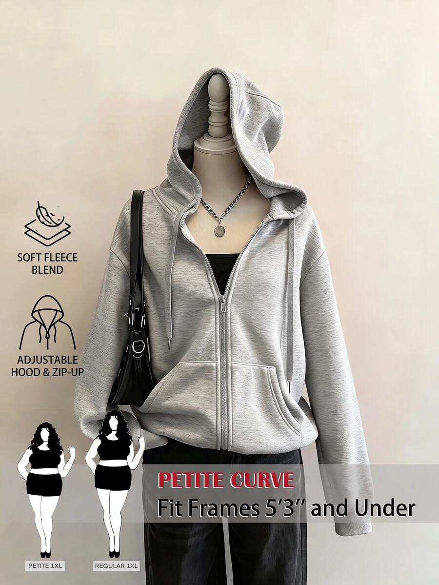 SHEIN PETITE CURVE 大尺碼休閒寬鬆傳統保暖內裡連帽衛衣,適合秋冬外出、正式場合與度假,灰色 - 淺灰色 - 查看 1
