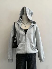 SHEIN PETITE CURVE 大尺碼休閒寬鬆傳統保暖內裡連帽衛衣，適合秋冬外出、正式場合與度假，灰色 - 淺灰色 - 查看 4