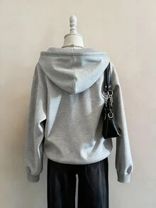 SHEIN PETITE CURVE 大尺碼休閒寬鬆傳統保暖內裡連帽衛衣，適合秋冬外出、正式場合與度假，灰色 - 淺灰色 - 查看 2