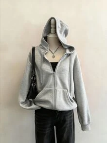 SHEIN PETITE CURVE 大尺碼休閒寬鬆傳統保暖內裡連帽衛衣，適合秋冬外出、正式場合與度假，灰色 - 淺灰色 - 查看 3