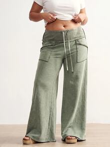 SHEIN Tall CURVE Plus Size Casual Washed Wide Leg Pants - Green - View 4