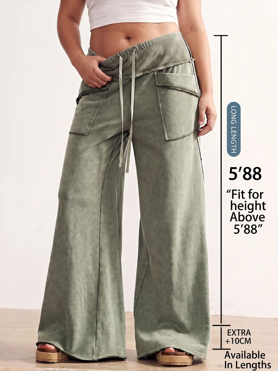 SHEIN Tall CURVE 大尺碼休閒水洗寬腿褲 - 綠色 - 查看 1