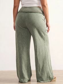 SHEIN Tall CURVE Plus Size Casual Washed Wide Leg Pants - Green - View 3