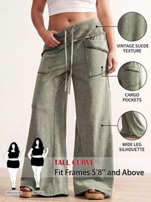 SHEIN Tall CURVE Plus Size Casual Washed Wide Leg Pants - Green - View 1