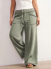 SHEIN Tall CURVE Plus Size Casual Washed Wide Leg Pants - Green - View 5