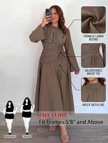 SHEIN Tall CURVE Plus Size Elegant Solid Color Waist-Cinching Dress For Autumn - Coffee Brown - View 1