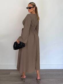 SHEIN Tall CURVE Plus Size Elegant Solid Color Waist-Cinching Dress For Autumn - Coffee Brown - View 6