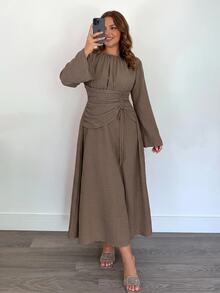 SHEIN Tall CURVE Plus Size Elegant Solid Color Waist-Cinching Dress For Autumn - Coffee Brown - View 4