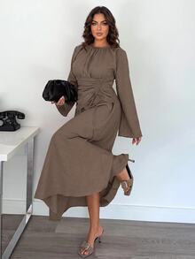 SHEIN Tall CURVE Plus Size Elegant Solid Color Waist-Cinching Dress For Autumn - Coffee Brown - View 7