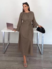 SHEIN Tall CURVE Plus Size Elegant Solid Color Waist-Cinching Dress For Autumn - Coffee Brown - View 3