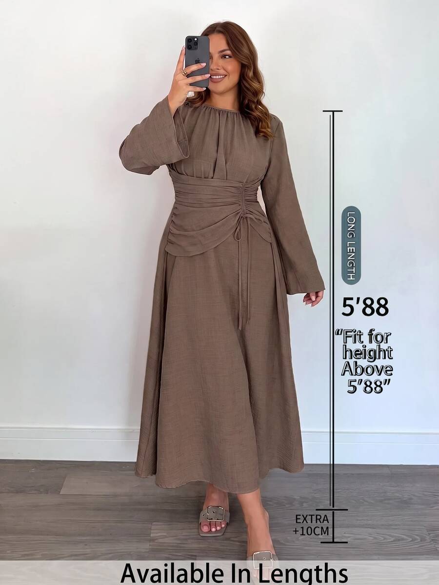 SHEIN Tall CURVE Plus Size Elegant Solid Color Waist-Cinching Dress For Autumn - Coffee Brown - View 1