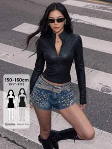 SHEIN PETITE Women's Solid Color PU Leather Long Sleeve Zipper Front Lightweight Jacket - Black - View 11
