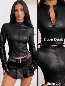 SHEIN PETITE Women's Solid Color PU Leather Long Sleeve Zipper Front Lightweight Jacket - Black - View 2