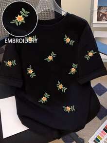 Kaos Bordir Wanita, Nyaman dan Kasual, Musim Semi/Panas, Natal - Hitam - View 1