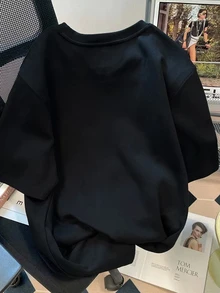 Kaos Bordir Wanita, Nyaman dan Kasual, Musim Semi/Panas, Natal - Hitam - View 2