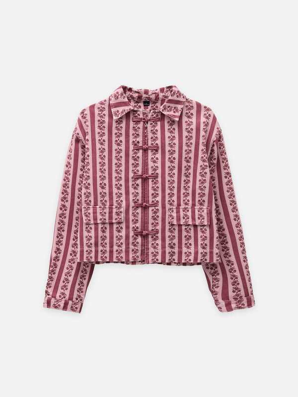 Nöista Pink Floral Stripe Denim Jacket With Collar And Buttons. Fall, Back To School, Travel And Casual Style.