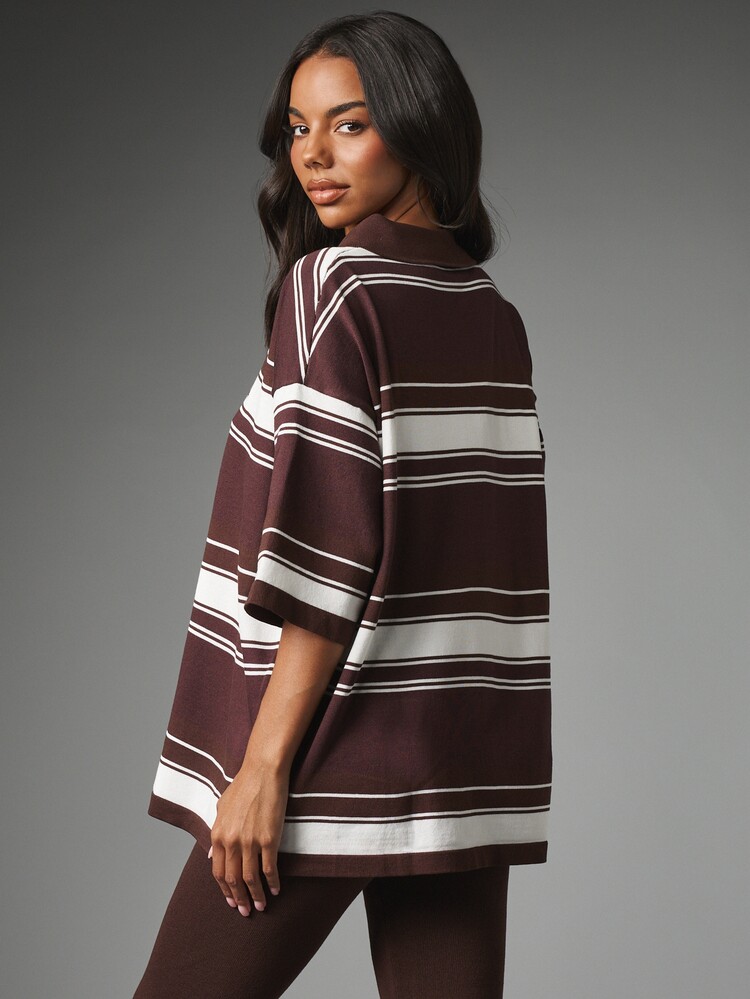 MISSGUIDED Oversized Horizontal Stripe Half-Zip Polo Top With Collared Neck And Short Boxy Sleeves In Chocolate Brown - Brown - View 2