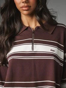 MISSGUIDED ملابس علوية بولو فضفاض بخطوط أفقية وسحاب نصفي مع ياقة وأكمام قصيرة مربعة باللون البني الشوكولاتة - بني - مشاهدة 4
