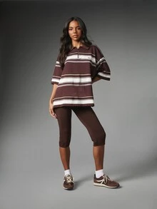 MISSGUIDED ملابس علوية بولو فضفاض بخطوط أفقية وسحاب نصفي مع ياقة وأكمام قصيرة مربعة باللون البني الشوكولاتة - بني - مشاهدة 3