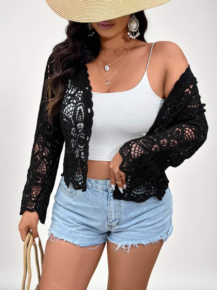 SHEIN VCAY Plus Size Casual Solid Color Hollow-Out Knit Cardigan Winter Fall Autumn - Black - View 3
