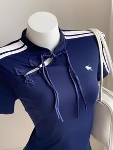 Comfortcana Women's New Chinese Style Side Stripe Contrast Color T-Shirt - Royal Blue - View 4