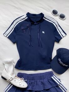 Comfortcana Women's New Chinese Style Side Stripe Contrast Color T-Shirt - Royal Blue - View 7