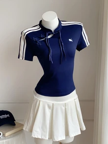 Comfortcana Women's New Chinese Style Side Stripe Contrast Color T-Shirt - Royal Blue - View 5
