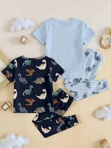 SHEIN 男嬰休閒極簡修身圓領舒適短袖長褲家居服多件套，貼身剪裁 - 彩色 - 查看 3