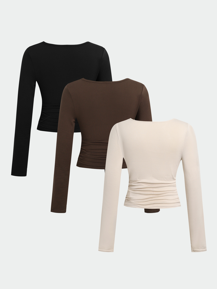 SHEIN Tween Girls Casual Versatile Kids U-Neck Curved Hem Gathered Waist Solid Color Long Sleeve T-Shirt 3pcs Pieces Set - Multicolor - View 3