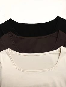 SHEIN 青少年女孩休閒百搭兒童U領圓弧下擺抽褶腰純色長袖T恤3件套 - 彩色 - 查看 4