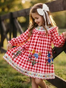 SHEIN (Young Girl) 印花網紗時尚寬鬆優雅洋裝 - 紅色 - 查看 4