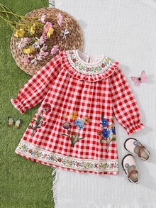 SHEIN (Young Girl) 印花網紗時尚寬鬆優雅洋裝 - 紅色 - 查看 5