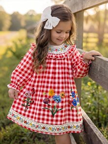 SHEIN (Young Girl) 印花網紗時尚寬鬆優雅洋裝 - 紅色 - 查看 1