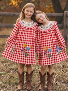 SHEIN (Young Girl) 印花網紗時尚寬鬆優雅洋裝 - 紅色 - 查看 2