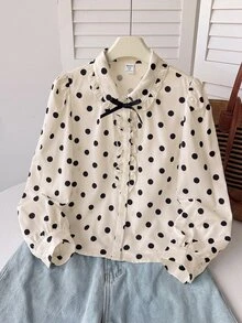 SHEIN 兒童青少年女孩寬鬆休閒簡約舒適日常穿著校園風白色滾邊袖優雅荷葉邊前開鈕扣波點開學款 - 白色 - 查看 2