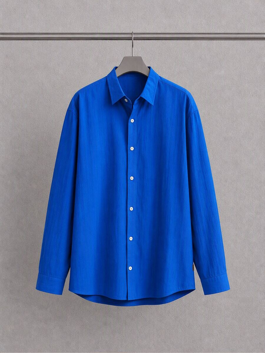 HIMLAND Men's Solid Color Long Sleeve Single-Breasted Casual Shirt - Blue - View 1