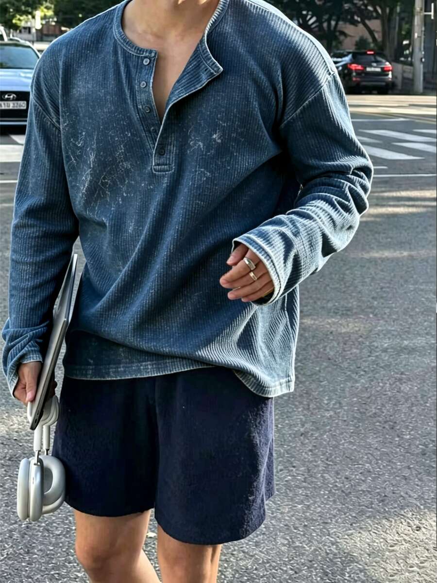Resyla Men 男士春秋休閒街頭風復古長袖T恤 度假風 水藍色 - 白色 - 查看 1