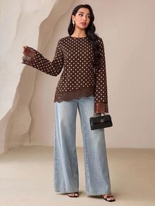 Veilorie Blusa elegante para ir al trabajo con estampado de lunares y patchwork de encaje para mujer - Café integral - Ver 4