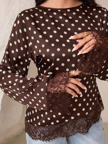 Veilorie Blusa elegante para ir al trabajo con estampado de lunares y patchwork de encaje para mujer - Café integral - Ver 3