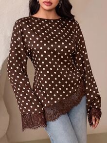 Veilorie Blusa elegante para ir al trabajo con estampado de lunares y patchwork de encaje para mujer - Café integral - Ver 8