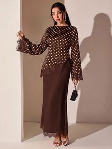 Veilorie Blusa elegante para ir al trabajo con estampado de lunares y patchwork de encaje para mujer - Café integral - Ver 1