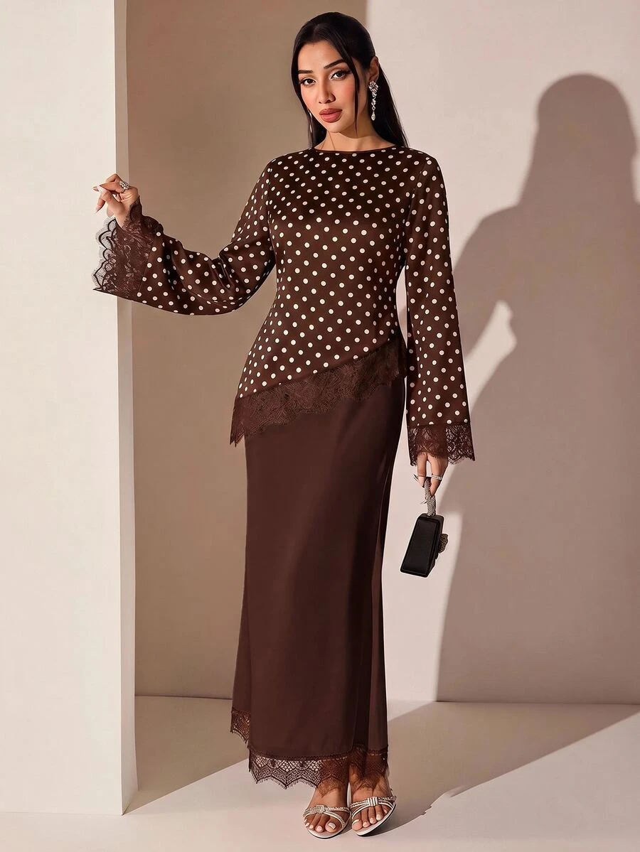 Veilorie Blusa elegante para ir al trabajo con estampado de lunares y patchwork de encaje para mujer - Café integral - Ver 1